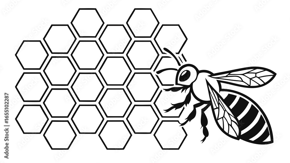 Poster illustration of a bee with striped abdomen flying near a honeycomb with hexagonal cells design vecto