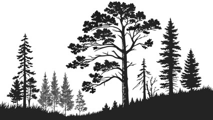 Silhouette illustration of a forest landscape with various types of trees and grassy ground cover created with generated ai