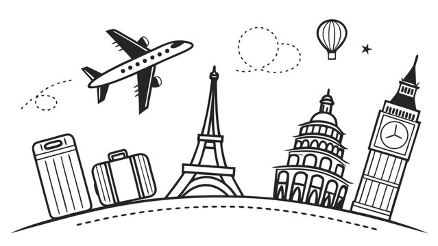 Illustration of travel destinations with airplane, eiffel tower, big ben and luggage in black and white created with generated ai