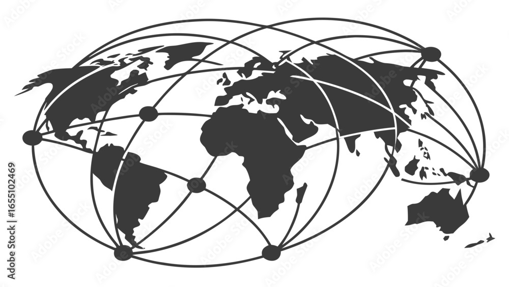 Poster world map with global network connections showing continents and connecting nodes and lines across t