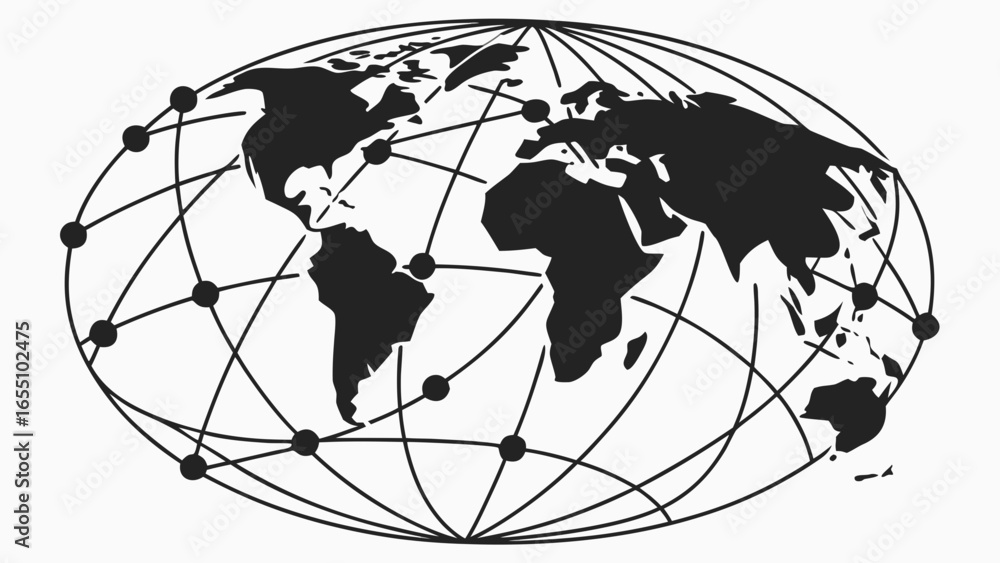 Poster world map with continents and an oval grid network with black dots representing connection points ac