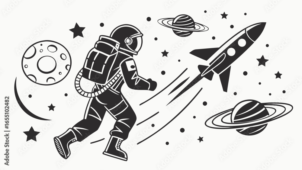 Poster astronaut in space surrounded by planets rocket and stars in black and white illustration style crea
