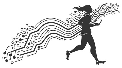 Silhouette of a woman running with a tablet and a circuit board design flowing behind her in black and white created with generated ai