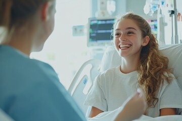 Obraz premium Young woman enjoys cheerful conversation with nurse in bright hospital room