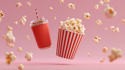 Popcorn bucket and cola drink cup floating on mid air on pastel pink background. Fast food, Classic movie snack
