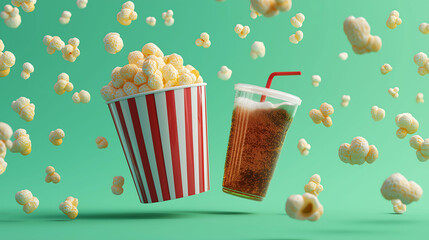 Popcorn bucket and cola drink cup floating on mid air on pastel green background. Fast food, Classic movie snack