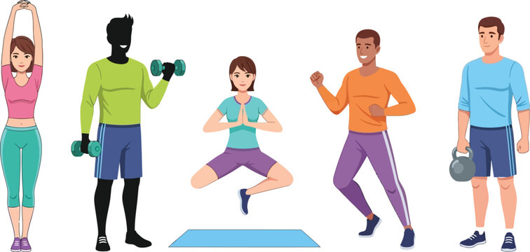 Diverse people actively exercising with weights and yoga poses