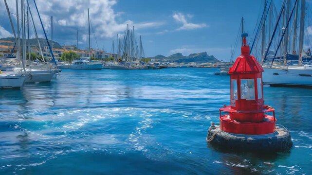 A vibrant red buoy contrasts against serene blue harbor waters, evoking a summer holiday vibe with yacht masts in the background.
