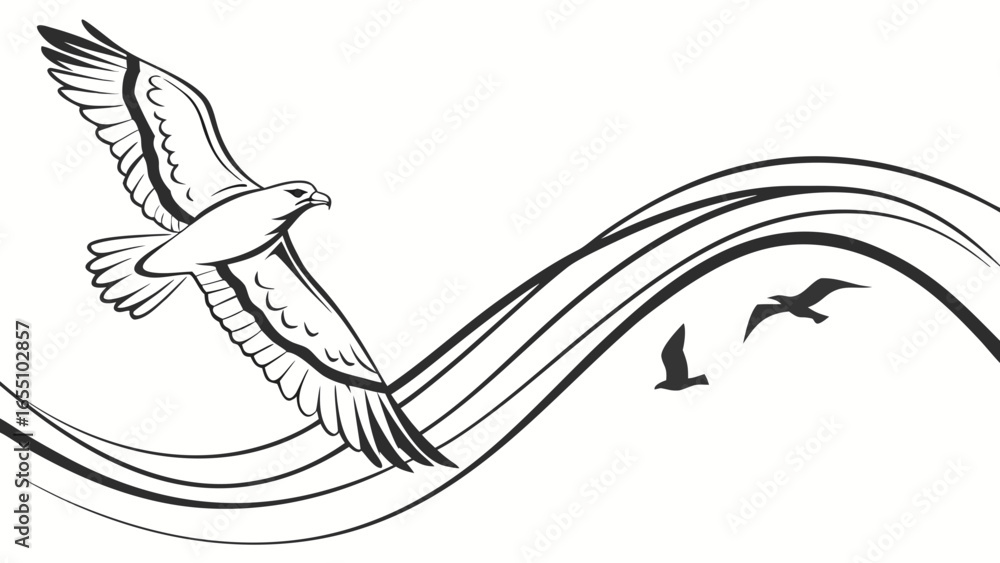 Poster illustration of a soaring eagle with outstretched wings and black wave lines in the background desig