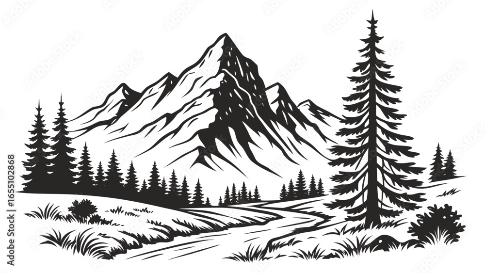 Poster illustration of a mountain range with a winding river and a forest of coniferous trees scenery view 