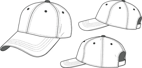 Blank baseball cap front and back view template for fashion design, apparel mockup, clothing illustration, sewing pattern