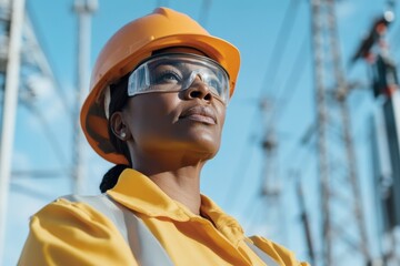 Middle-aged Black female line electrician conducting safety inspections at a power line site