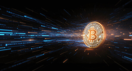 A graphic of a Bitcoin symbol appears to move at high speed, trailing blue and gold light trails and glitch effects. The surrounding dark space is filled with streaming lines of code and data particle