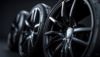Close-up view of a set of stylish black alloy wheels, showcasing intricate designs and deep gloss.