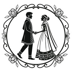 Elegant Wedding Celebration Black and White Line Art Featuring a Romantic Couple Embraced Within a Floral Heart