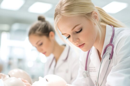 Healthcare students enhance skills through hands-on training with medical mannequins in a lab