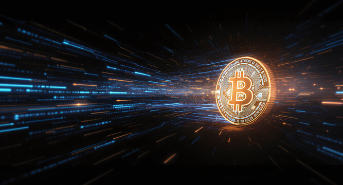 A graphic of a Bitcoin symbol appears to move at high speed, trailing blue and gold light trails and glitch effects. The surrounding dark space is filled with streaming lines of code and data particle