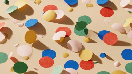 Colorful confetti scatters across a beige surface, casting shadows and creating depth
