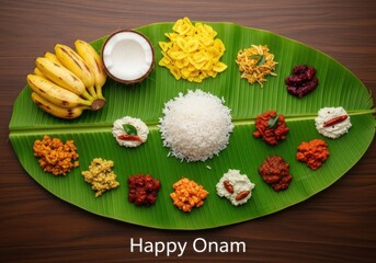 Traditional south indian onam sadya feast served on a banana leaf with rice, various curries, vegetables, and fruits, a cultural celebration meal