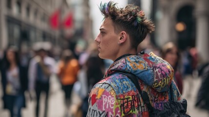Obraz premium Young man with short, colorful hair and a graffiti style jacket standing in profile on a bustling street, blending seamlessly into the vibrant urban crowd and capturing the essence of city life