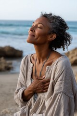 Middle-aged African American woman finding peace with personal choices at a serene nature retreat