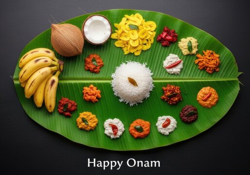 Traditional kerala onam sadya feast served on a banana leaf with rice, bananas, coconut, and various side dishes, celebrating indian culture