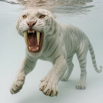 Albino sabertooth tiger under the water