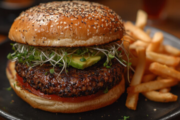 Burger topped with hamburger patty and fries.
