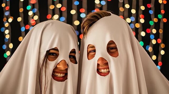 Two smiling people dressed as ghosts with cut-out eye and mouth holes, against a bokeh background of colorful lights.
