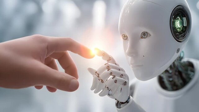 Close-up of robot and human fingers gently touching. Static camera, slow motion. 4K.
