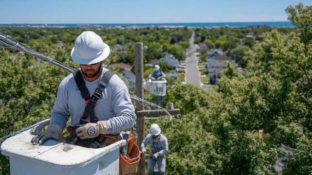 Workers install fiber optic lines on utility poles in a suburban neighborhood, highlighting advancements in connectivity.