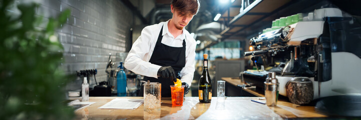 Bartender Crafting Cocktail in Modern Wide Banner
