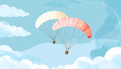Two vibrant paragliders soar through a pastel-hued sky, a serene image of freedom and adventure.