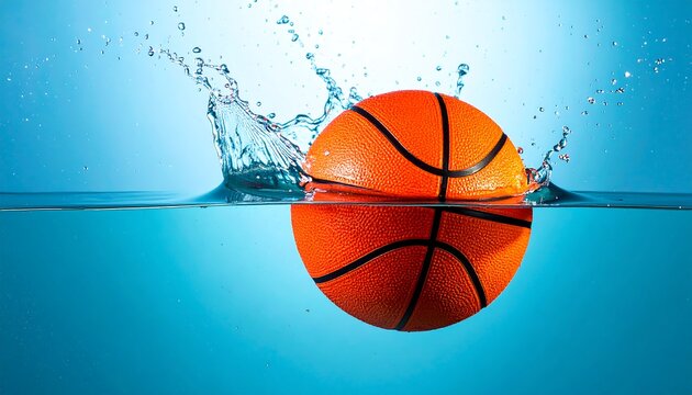 Vibrant orange basketball plunges into water, showcasing dynamic splash and ripples against a serene blue backdrop.