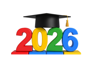 Stacked 3D Numbers “2026” in Graduation Theme, Cap on Top Digit, Vertical Composition, PNG