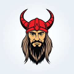 a character illustration of a Viking man with a red-horned helmet and long beard