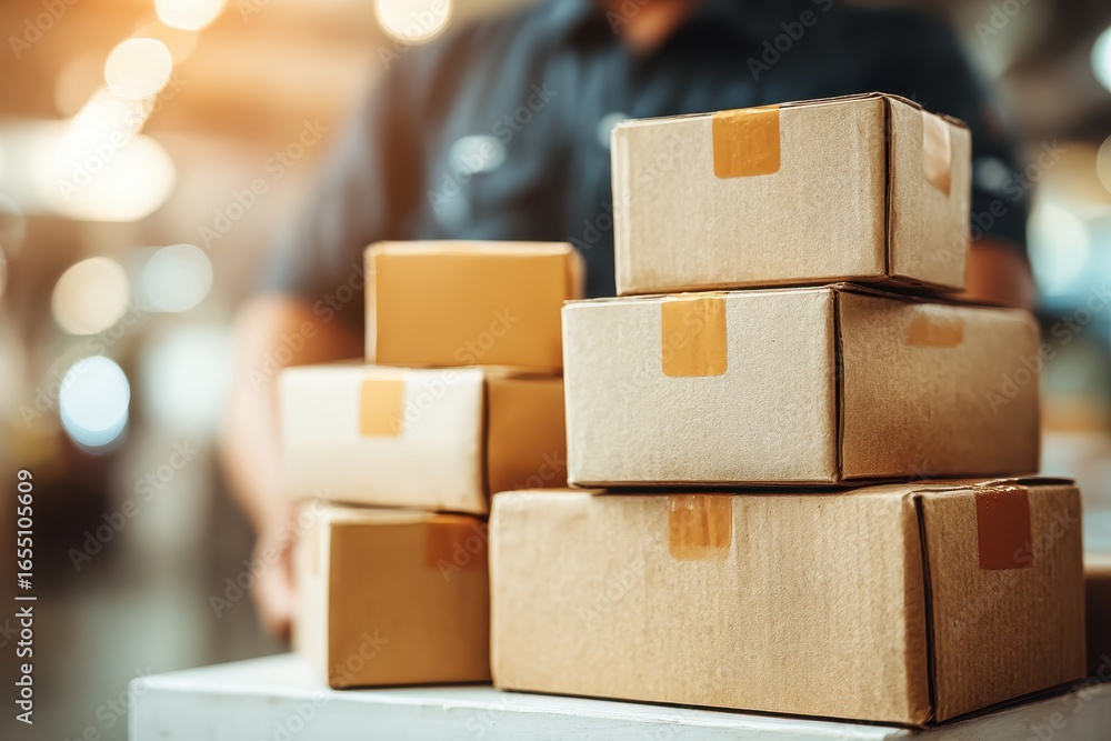 Poster a close-up view of a stack of cardboard boxes with a blurred worker in the background, in a warm, su