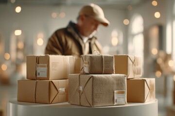 Delivery man sorting through a pile of cardboard boxes, preparing orders for shipment, arranging packages with care and attention in a bright interior space