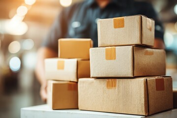 A close-up view of a stack of cardboard boxes with a blurred worker in the background, in a warm, sunlit warehouse environment, ready for shipment, logistics