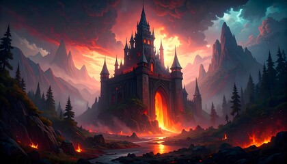 A majestic, dark castle stands sentinel over a fiery landscape, guarded by towering mountains in a dramatic sunset.