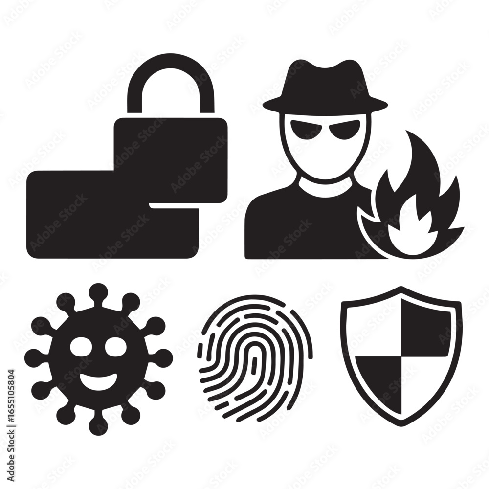 Poster security icons including unlocked padlock virus fingerprint and shield vector