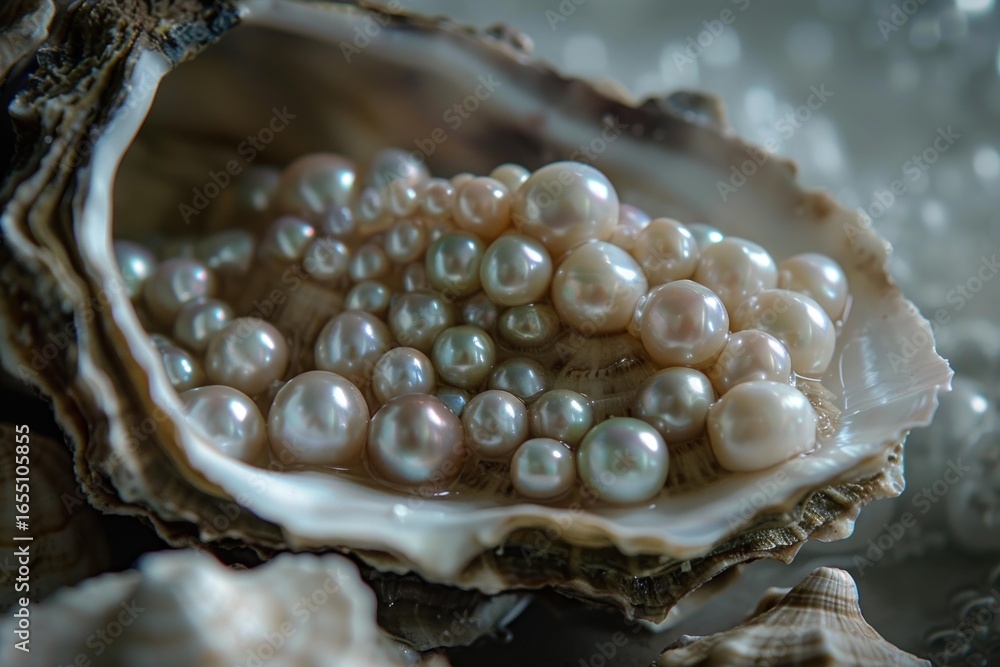 Poster many pearls resting inside an oyster shell, creating a luxurious and elegant image, perfect for jewe