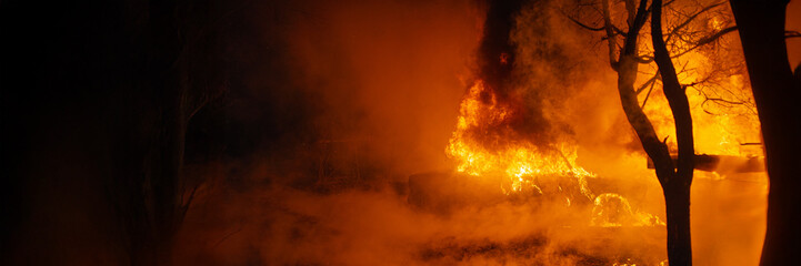 Intense Fire in Forest at Night Wide Banner