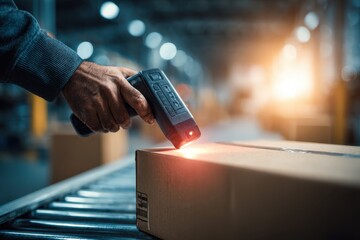A close-up of a worker scanning a barcode on a cardboard box with a scanner, package sitting on a conveyor belt in a warehouse with bright light.