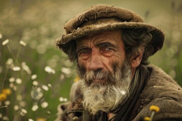 Fototapeta premium Portrait of shepherd wearing homemade hat and showing wisdom and serenity in the countryside