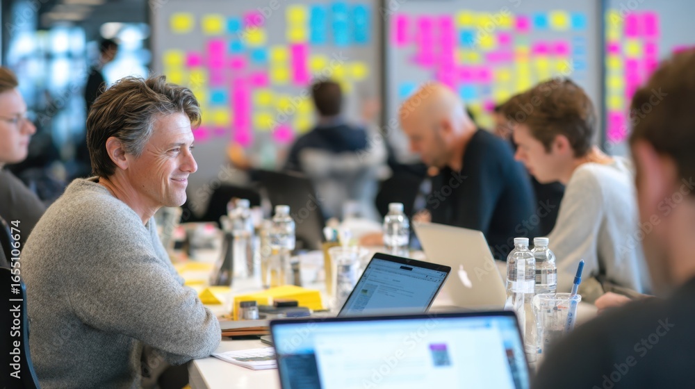Poster background of outoffocus team members collaborating in a sprint environment.