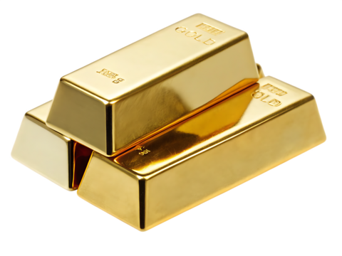 Gleaming gold bars stacked isolated on a transparent background.PNG