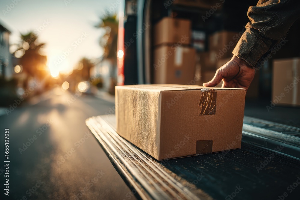 Poster a delivery person loading a cardboard box into a truck with golden hour sunlight filtering through t
