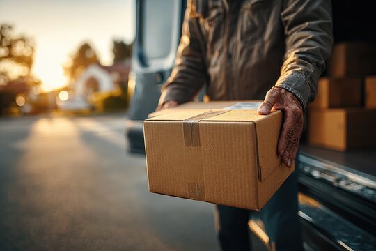 Delivery man carrying package at sunset, ensuring secure transportation for clients, showcasing their dedication to prompt and professional service for customer satisfaction.