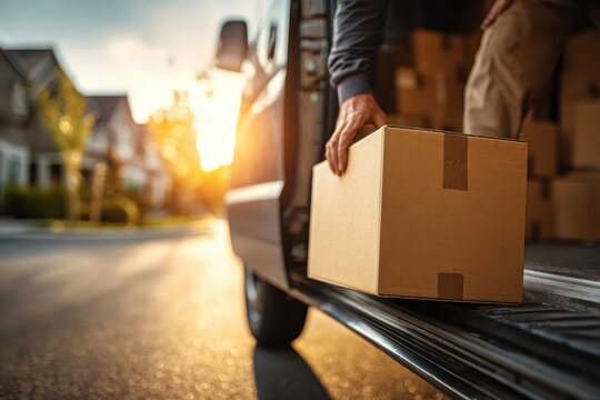 A delivery driver unloading boxes from a van in a residential neighborhood at sunset, capturing the movement of goods and the ease of modern logistics.